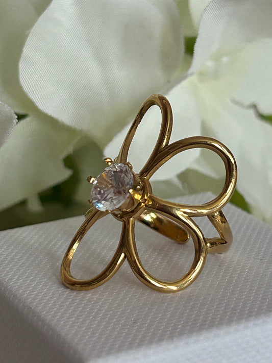 Gouden Bloem Ring Kristal Glans Vijf Bloemblaadjes Roestvrij Staal |Beautiva Boutique