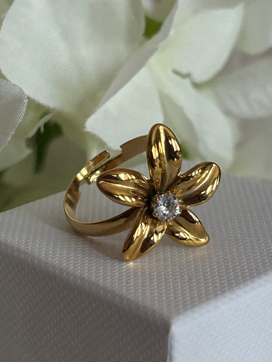 Roestvrijstalen verstelbare vergulde bloem kristal ring | Beautiva Boutique