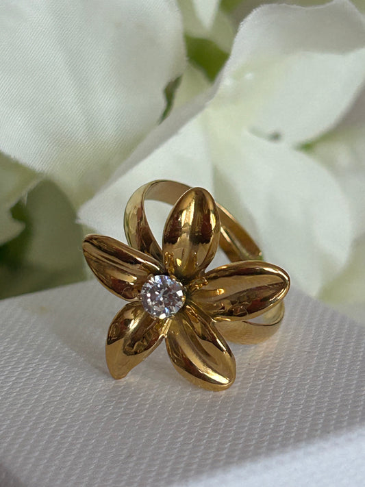 Roestvrijstalen verstelbare vergulde bloem kristal ring | Beautiva Boutique