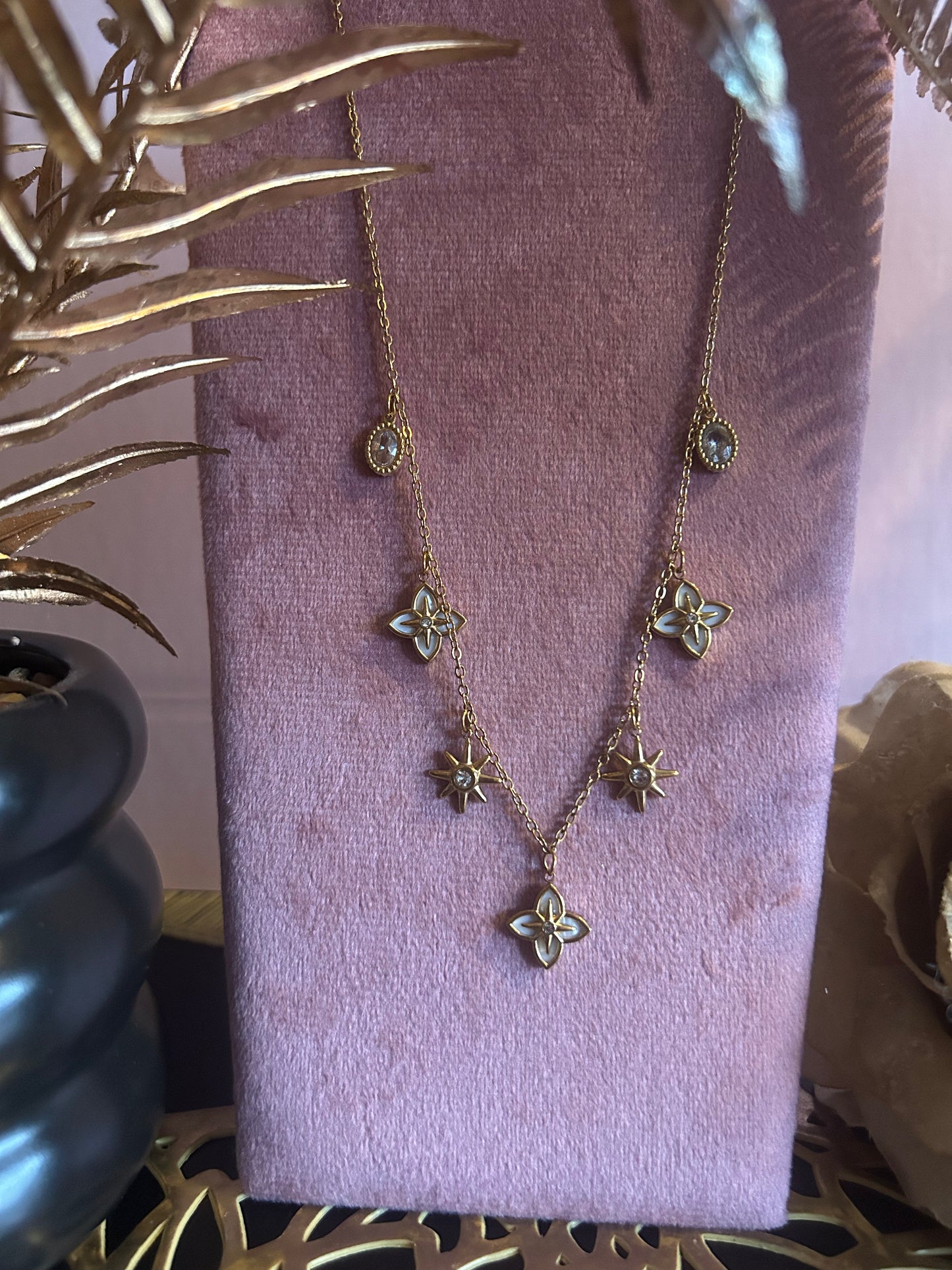 Vergulde Ketting Charms Bloem en Ster Ingezette Stenen, Feeërie|Beautiva Boutique