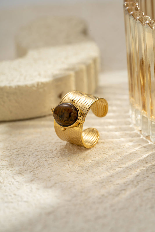 Verstelbare Gouden Ring van Roestvrij Staal met Natuurlijke Steen: Bruin | Beautiva Boutique