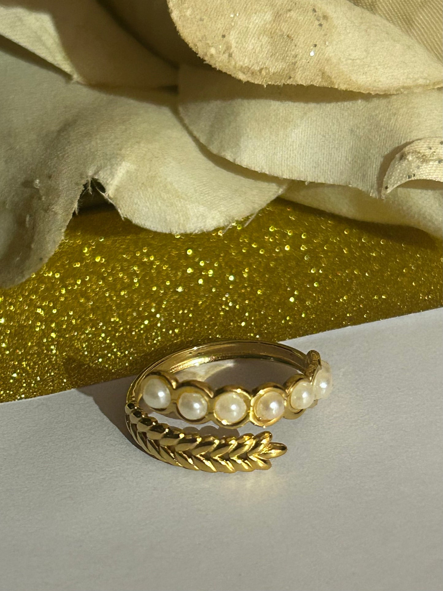 Verstelbare Roestvrijstalen Blad en Parel Ring| Beautiva Boutique