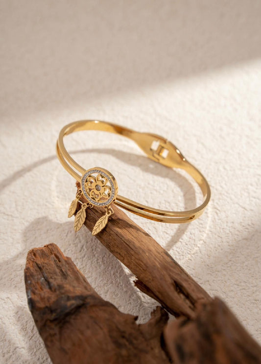 Roestvrijstalen Golden Dreamcatcher met hangende veertjes  armband|Beautiva Boutique