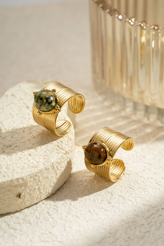 Verstelbare Gouden Ring van Roestvrij Staal met Natuurlijke Steen: Bruin | Beautiva Boutique
