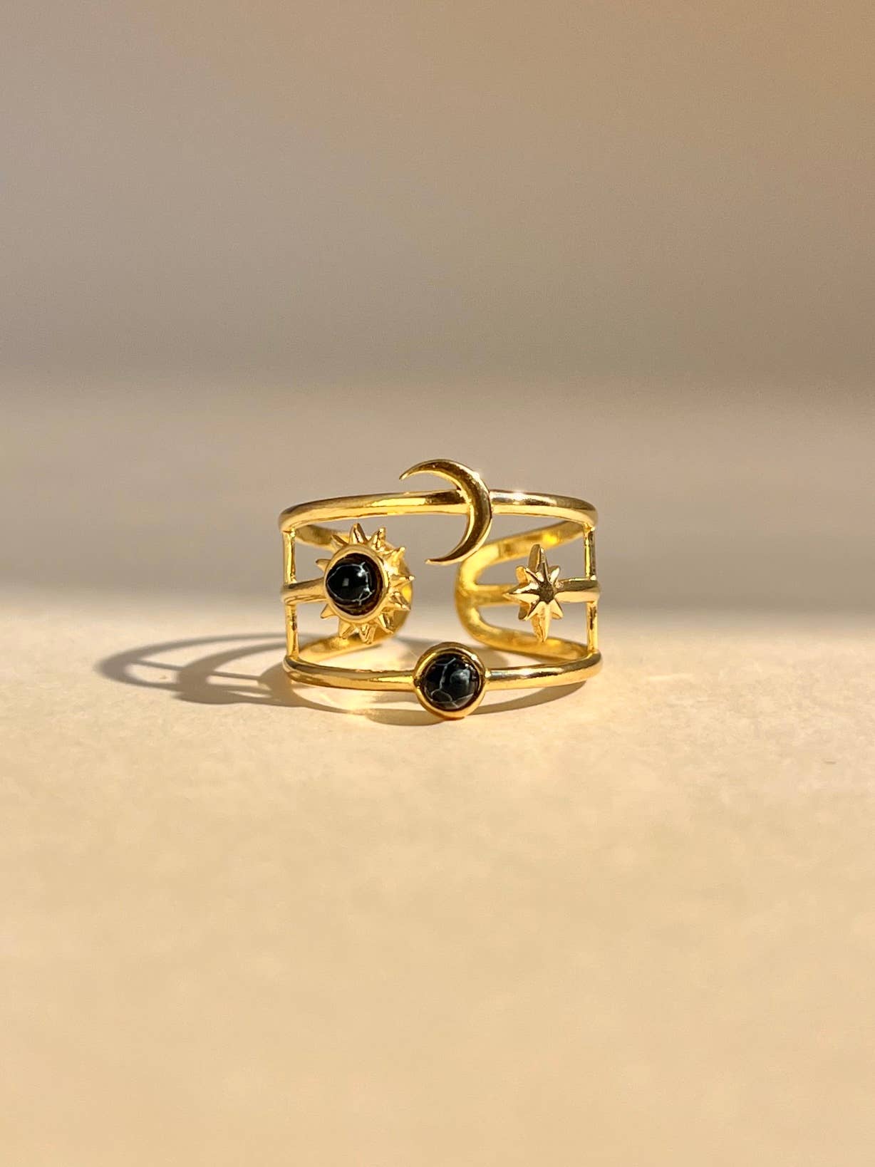 Verstelbare ring Maan, Ster & Zon met steen: Zwart|Beautiva Boutique