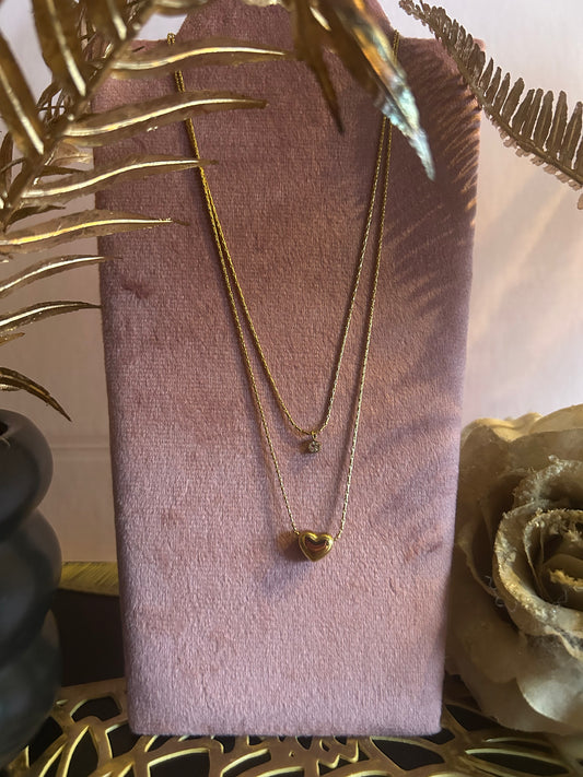 Dubbele wikkel ketting van roestvrij staal met hart en strass steentjes: Geelgoud|Beautiva Boutique