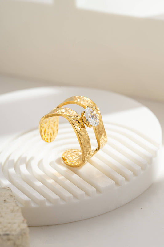 Gouden Ring Transparant Kristal Bladmotief Roestvrij Staal |Beautiva Boutique