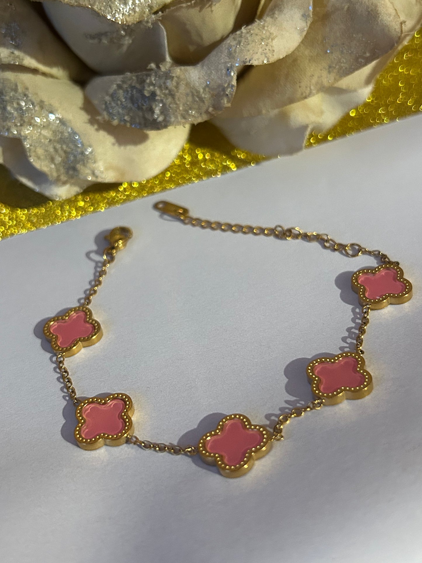 18K Vergulde RVS Armband, Pink Clover Elegance|Beautiva Boutique