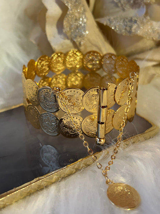 Luxe 21K Goudkleurige Turkse Munten Armband, Verguld RVS Design| Beautiva Boutique