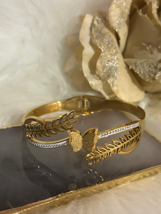 Armband met blad- en vlindermotief van roestvrij staal: Geelgoud|Beautiva Boutique