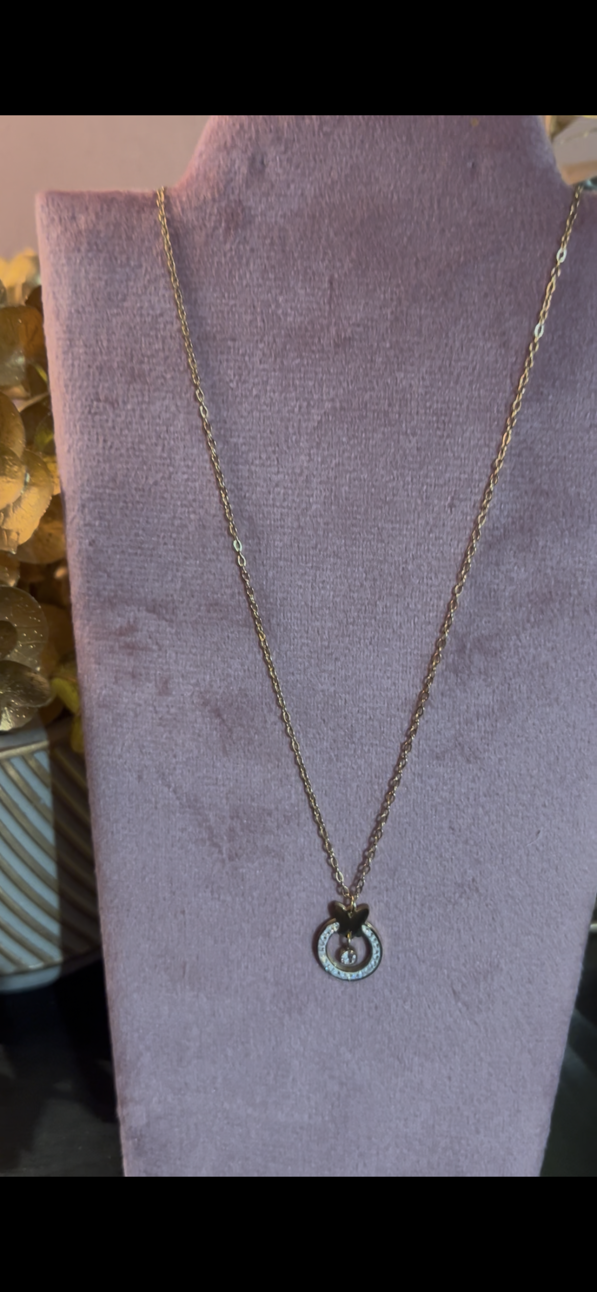 Stalen ketting met vlinderhanger en met stras bezette cirkel|Beautiva Boutique