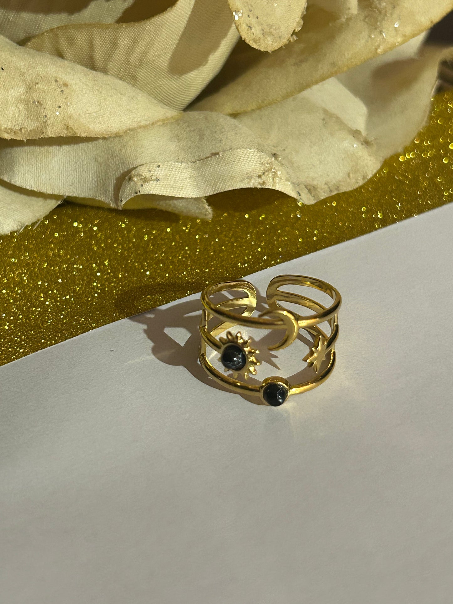 Verstelbare ring Maan, Ster & Zon met steen: Zwart|Beautiva Boutique