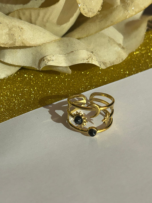 Verstelbare ring Maan, Ster & Zon met steen: Zwart|Beautiva Boutique